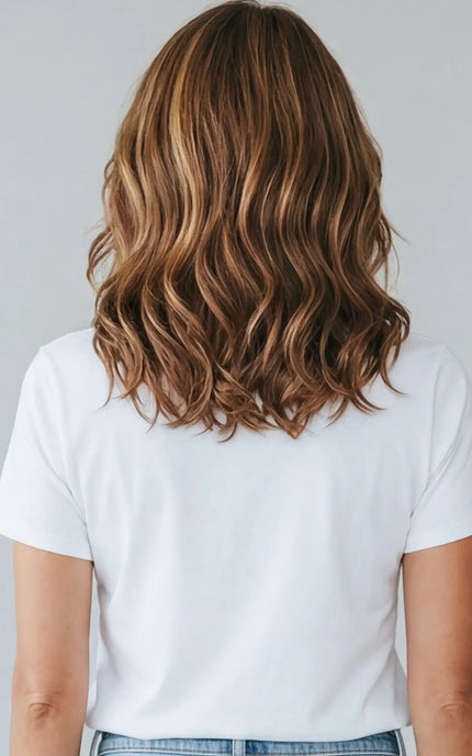 highlighted warm brunette lace front wig with beginner easy to wear cap.