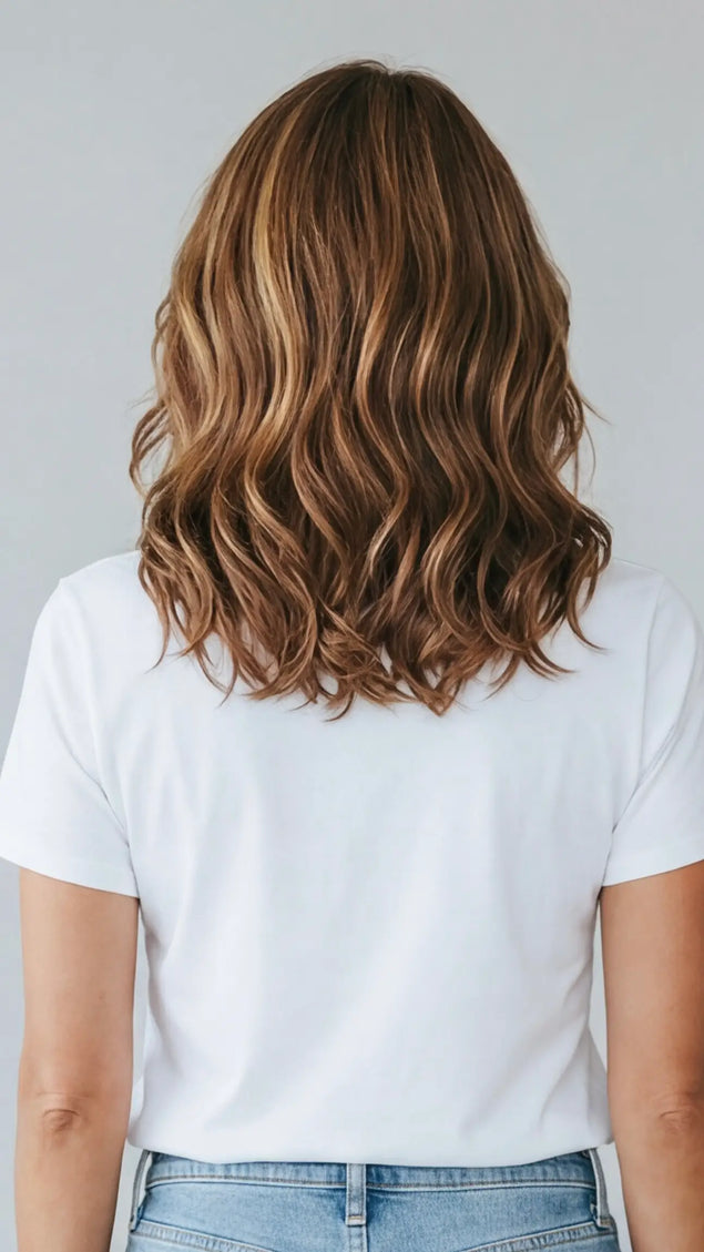highlighted warm brunette lace front wig with beginner easy to wear cap.