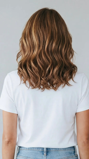 highlighted warm brunette lace front wig with beginner easy to wear cap.