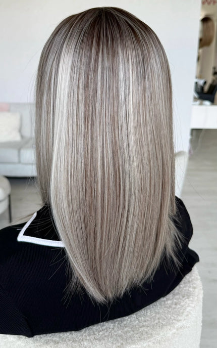 fringe glueless wig with silver hair and dark root, easy to wear wig.