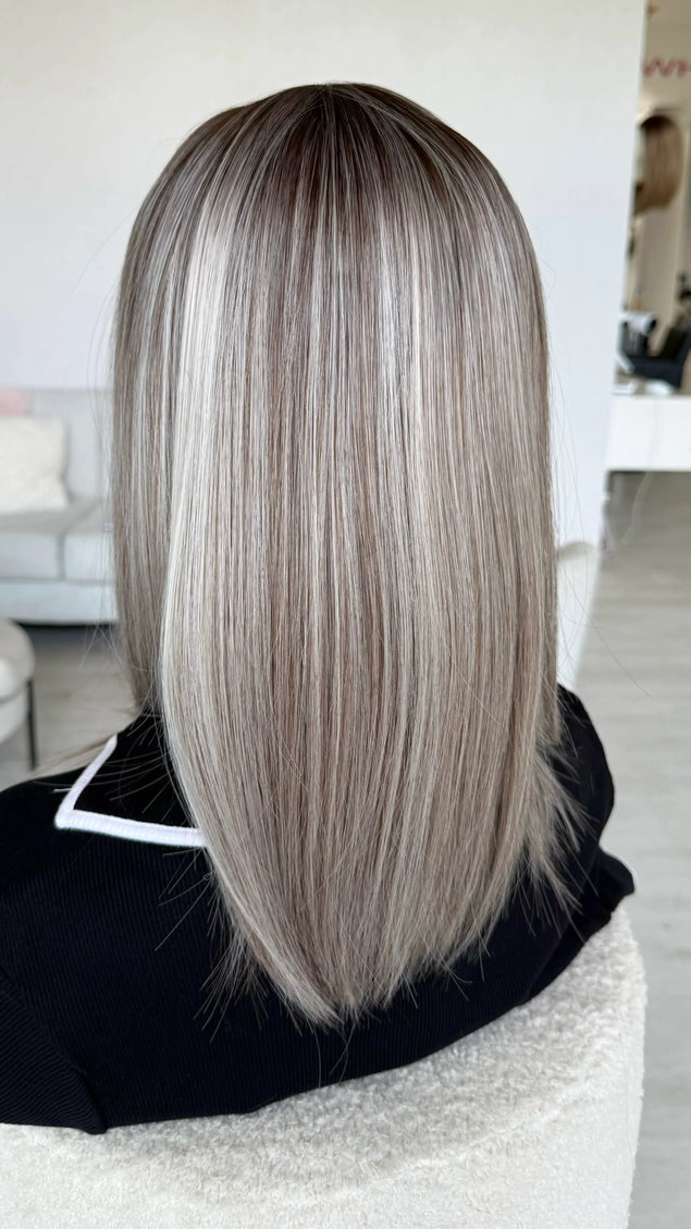fringe glueless wig with silver hair and dark root, easy to wear wig.