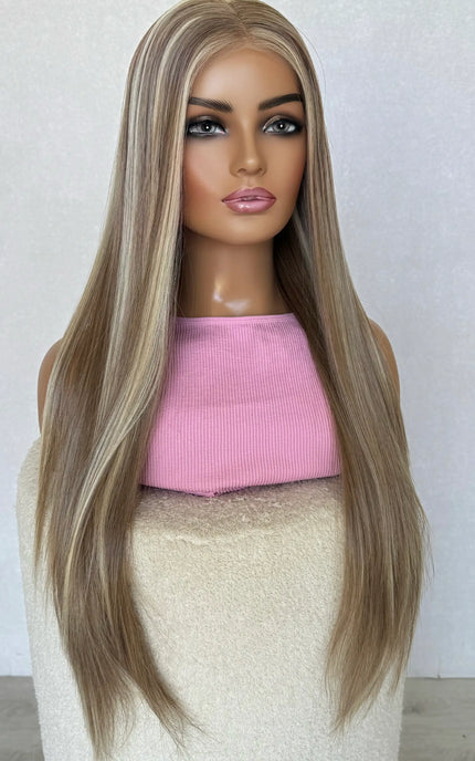 middle part mixed blonde wig with blonde highlights, heat safe synthetic hair wig australia.