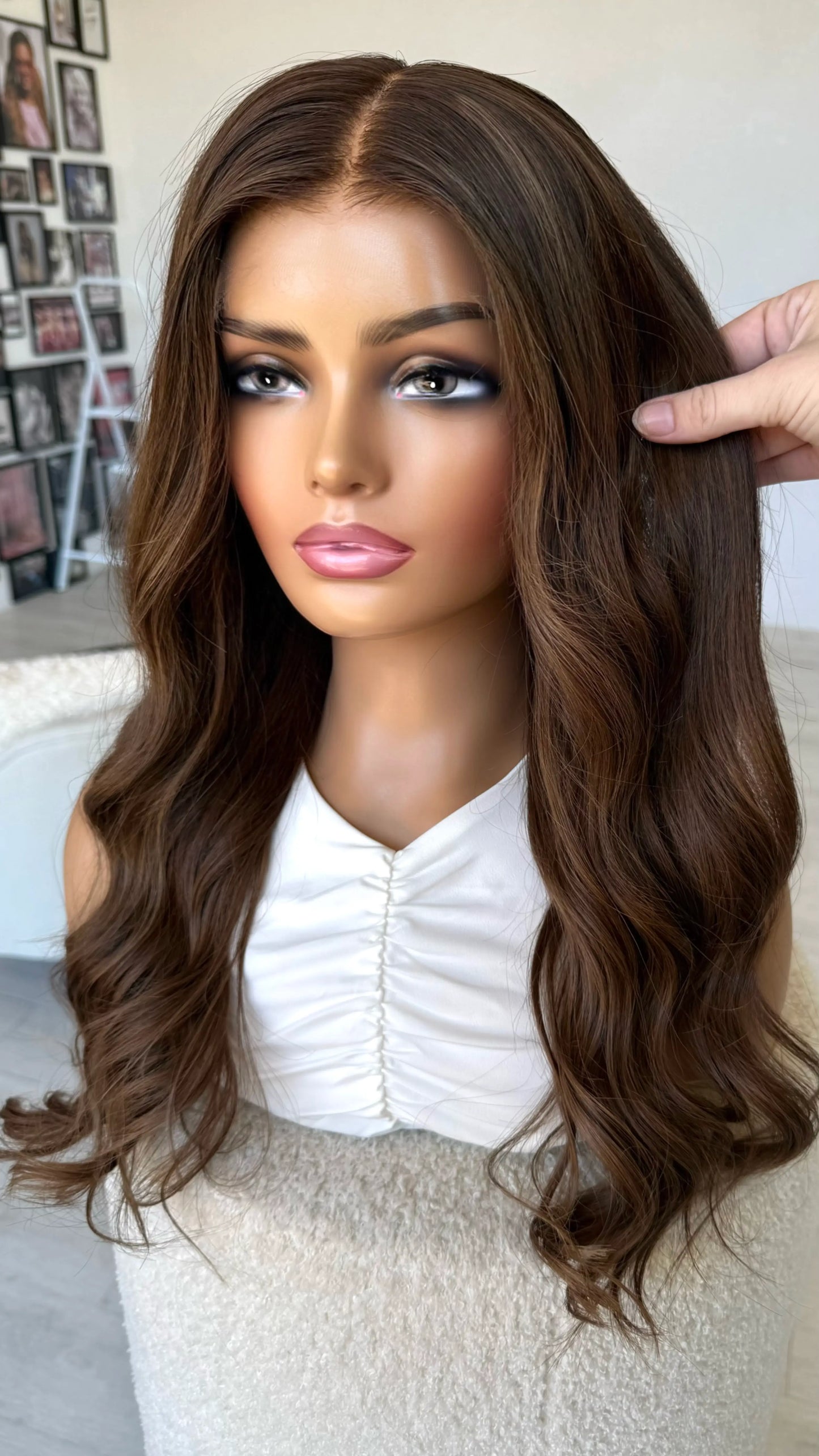 chocolate toned dark brunette, wavy hair warm toned, lace front wig australia. medical lace front wig.