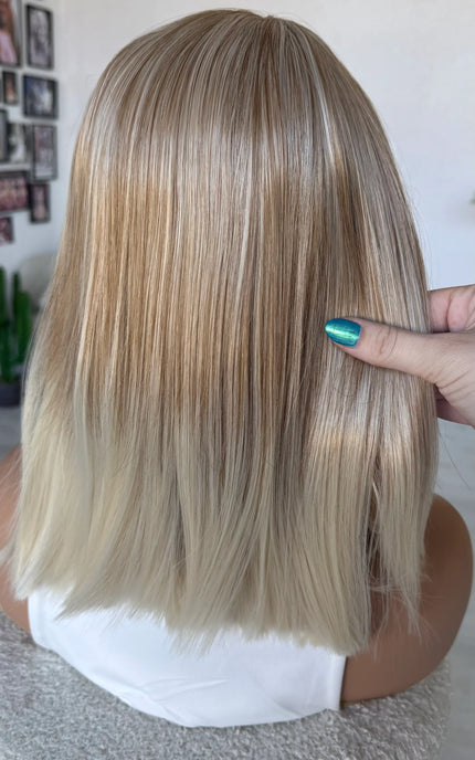 back view fringe topper blonde hair sandy 