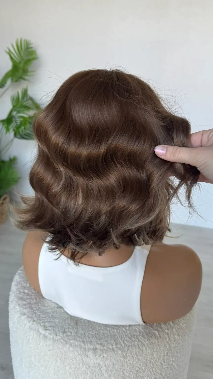 light brunette with blonde highlights, 10-12 inch wig, wavy, curled hair