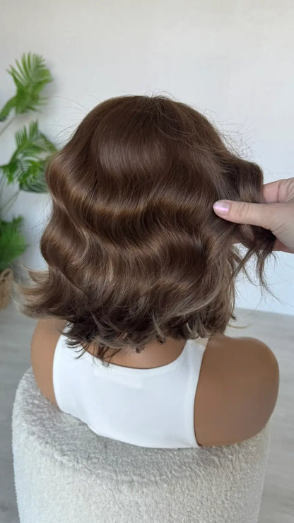 light brunette with blonde highlights, 10-12 inch wig, wavy, curled hair