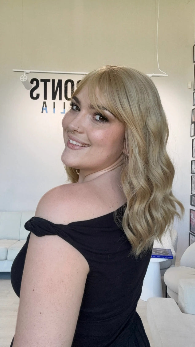 heat safe glueless topper with honey blonde wavy hair, glueless cap synthetic toppers australia.