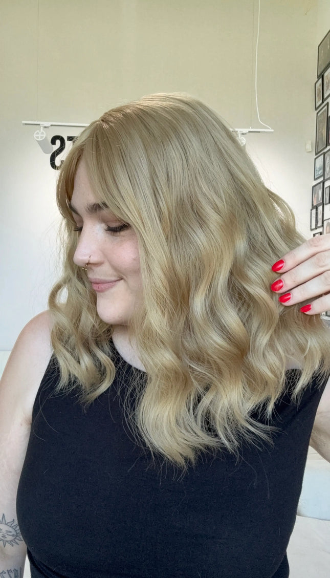 middle part fringe topper honey blonde hair. heat safe synthetic toppers australia.