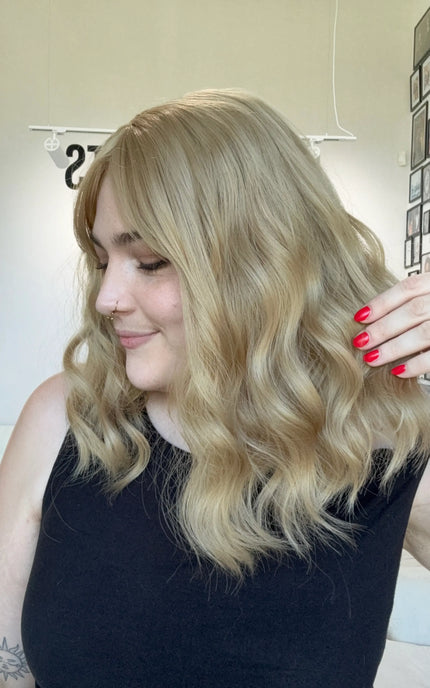 middle part fringe topper honey blonde hair. heat safe synthetic toppers australia.