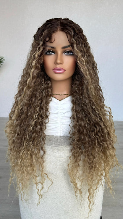 t-part lacefront wig, darker root to blonde highlights/ ombre, heat safe hair.