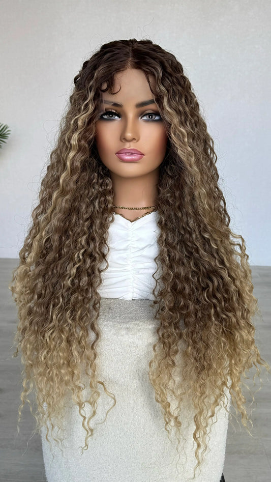 t-part lacefront wig, darker root to blonde highlights/ ombre, heat safe hair.