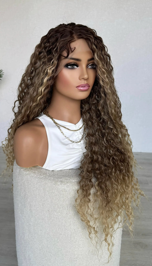 glueless synthetic lacefront curly wig australia. brown to blonde colour, 28 inches.