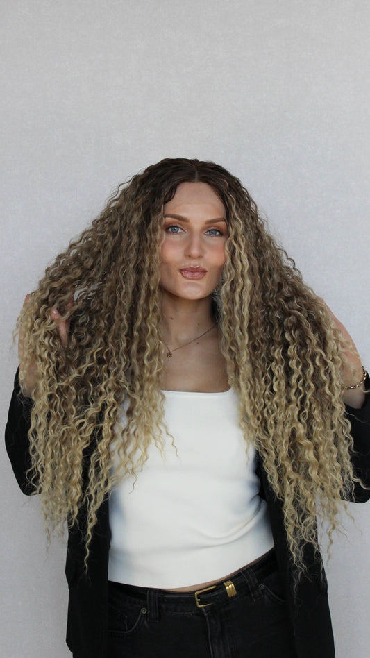 lacefront curly wig, synthetic hair, brown to ombre blonde, middle part.