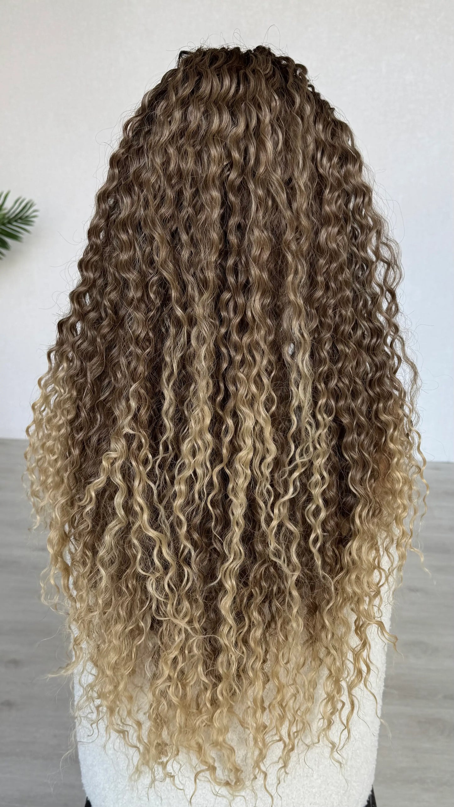 back view, long curly lacefront. t-part lace. light blonde ends. 