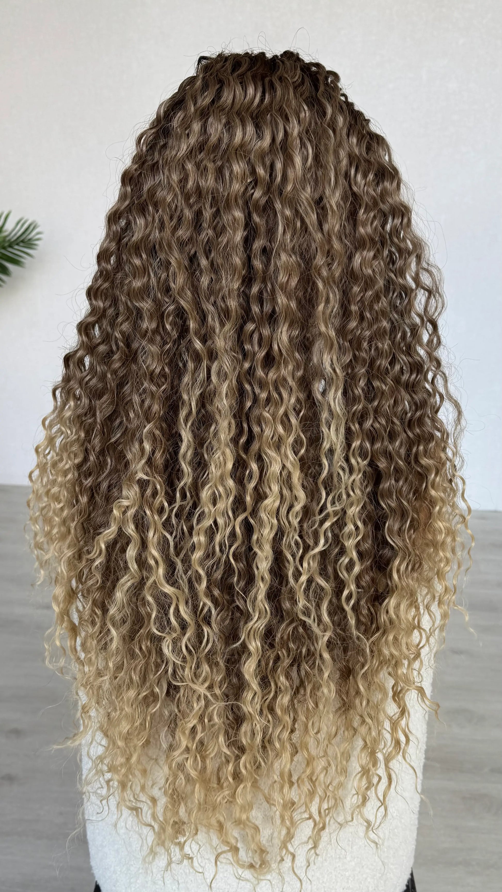 back view, long curly lacefront. t-part lace. light blonde ends. 