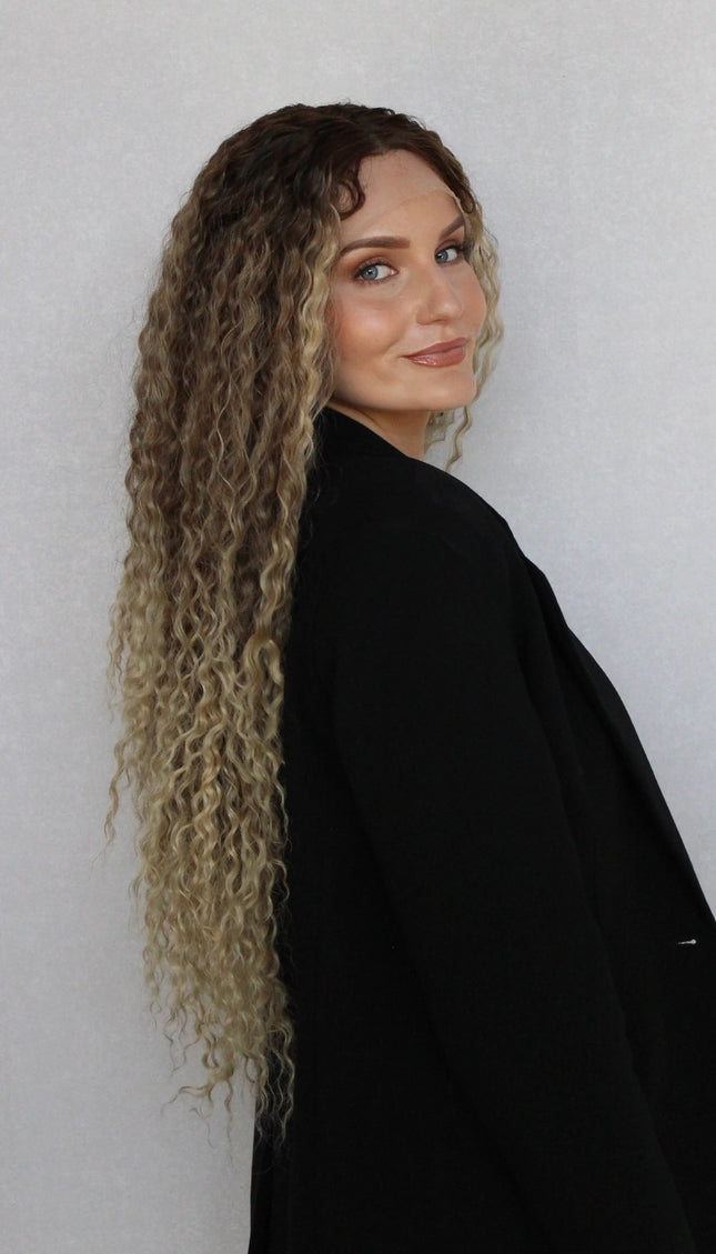 curly hair wig, ombre colour blonde ends, heat safe synthetic hair. australia synthetic wigs