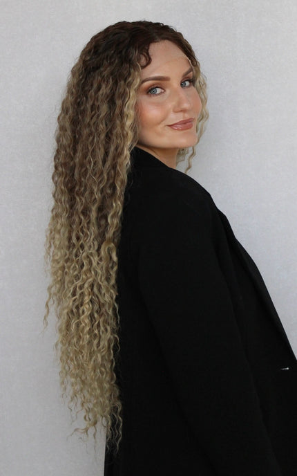 curly hair wig, ombre colour blonde ends, heat safe synthetic hair. australia synthetic wigs