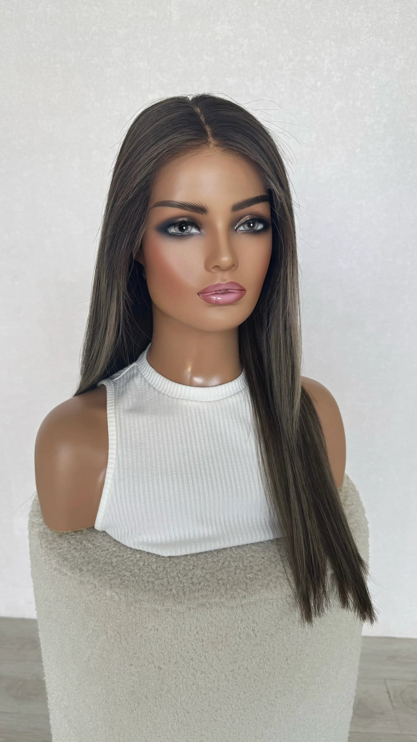 cool toned brunette wig with highlights, light ash blonde, 24 inch length with middle part, australia wig.