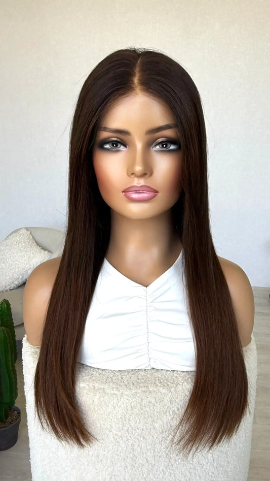 human hair lace front wig, long hair brunette, middle part, straight hair wig, australia wigs, human hair lace front wig australia.