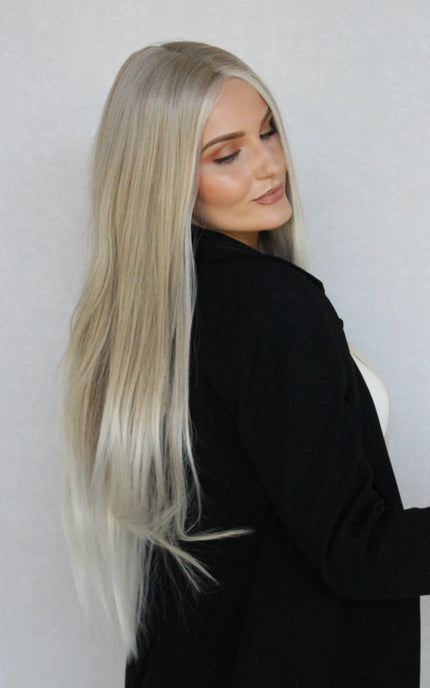 lacefront wig from behind, long length hair, lacefront heat safe synthetic.