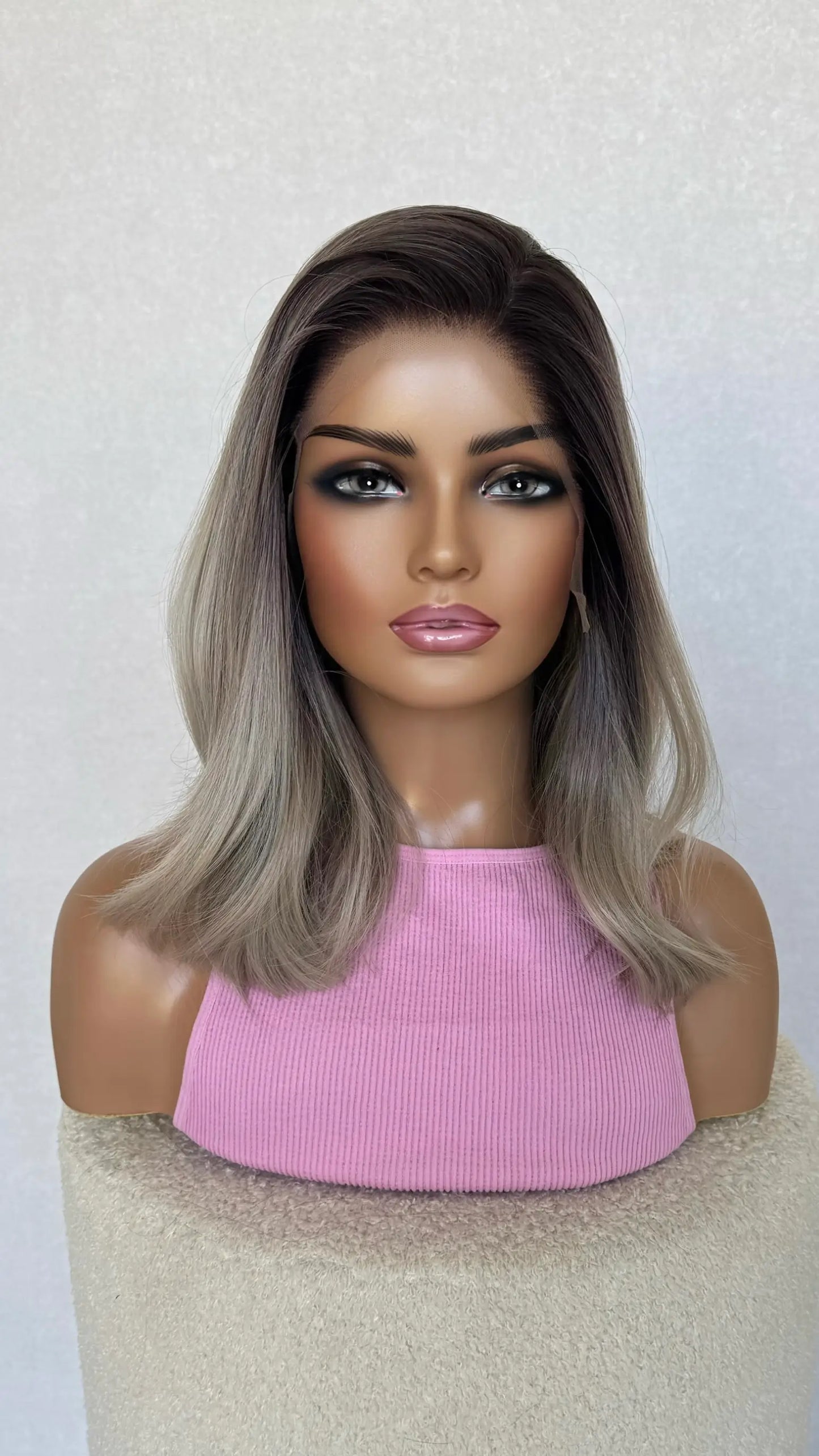 glueless synthetic wig australia, heat safe wig, dark root to ash blonde bob lacefront.