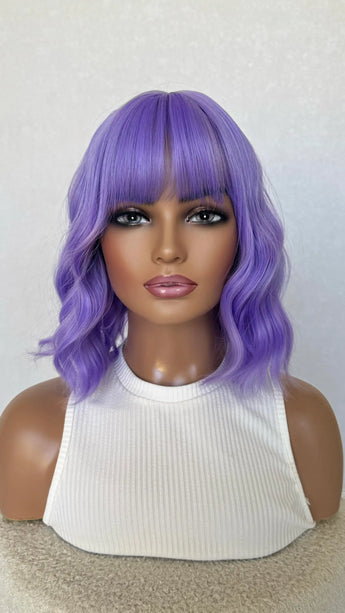 wavy fringe wig, middle part purple wig.