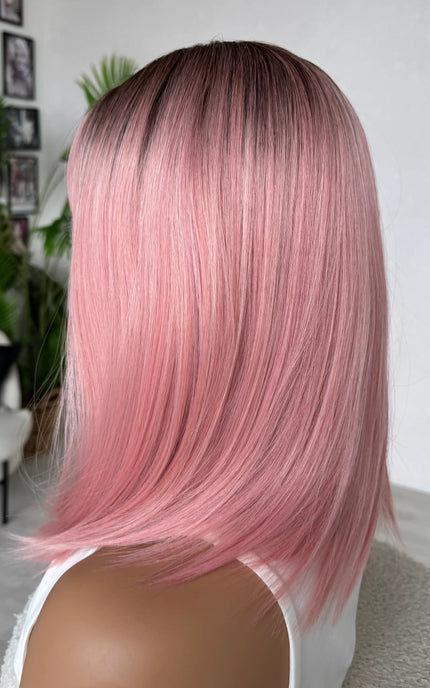 side view pink ombre hair, heat safe wig with fringe