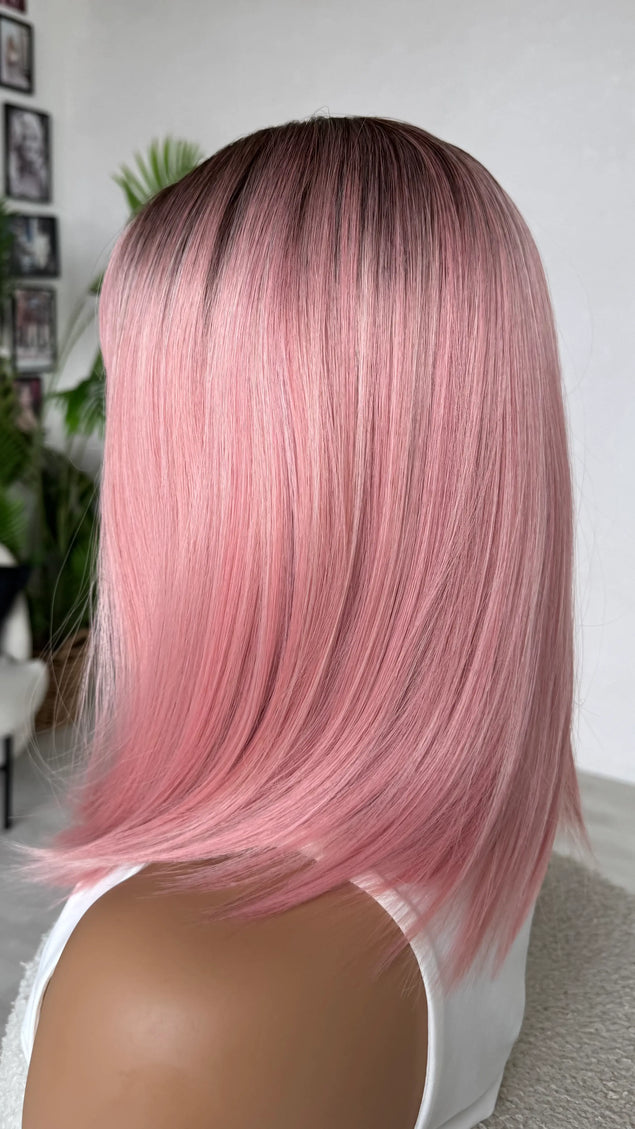 side view pink ombre hair, heat safe topper with fringe