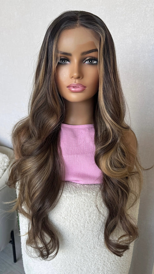 heat safe synthetic wig australia, glueless synthetic wig, dark hair with highlights, curly hair wigs.