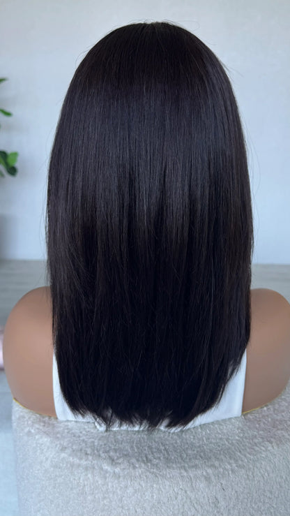 16 inch dark brunette wig, straight cut wig. lacefront wig, natural hair.
