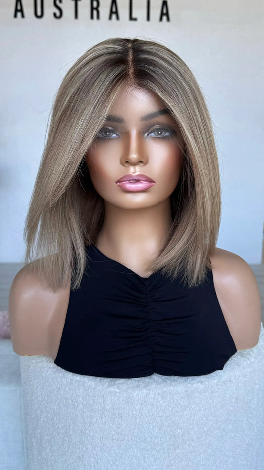 dark rooted blonde with highlights, human hair wig with lacefront.