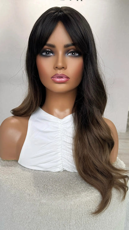 front view of hair, half hair is back, half forward, ombre brunette hair. heat safe synthetic.