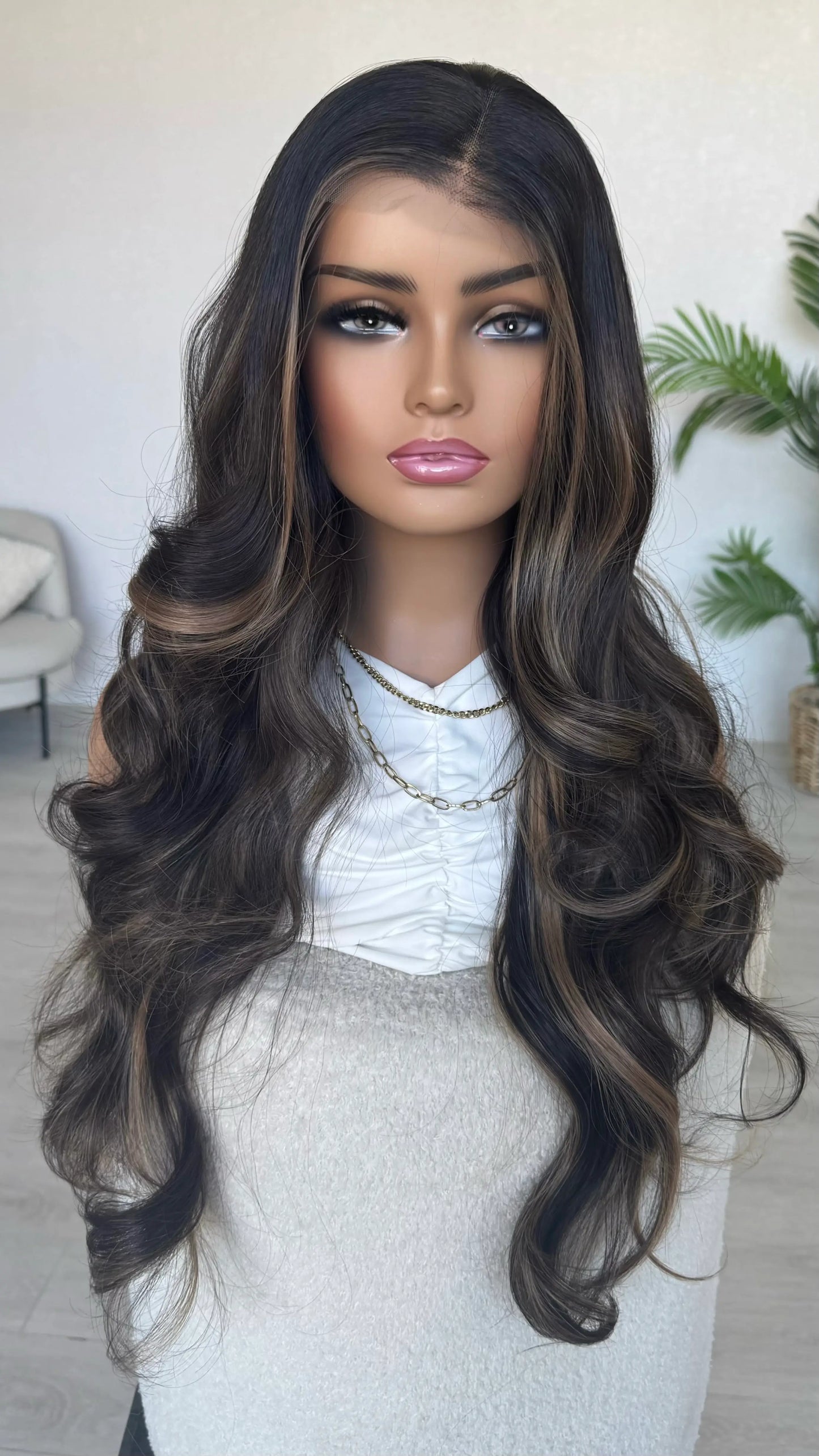 lacefront dark brown synthetic wig, gluless heat safe synthetics australia. right side part.