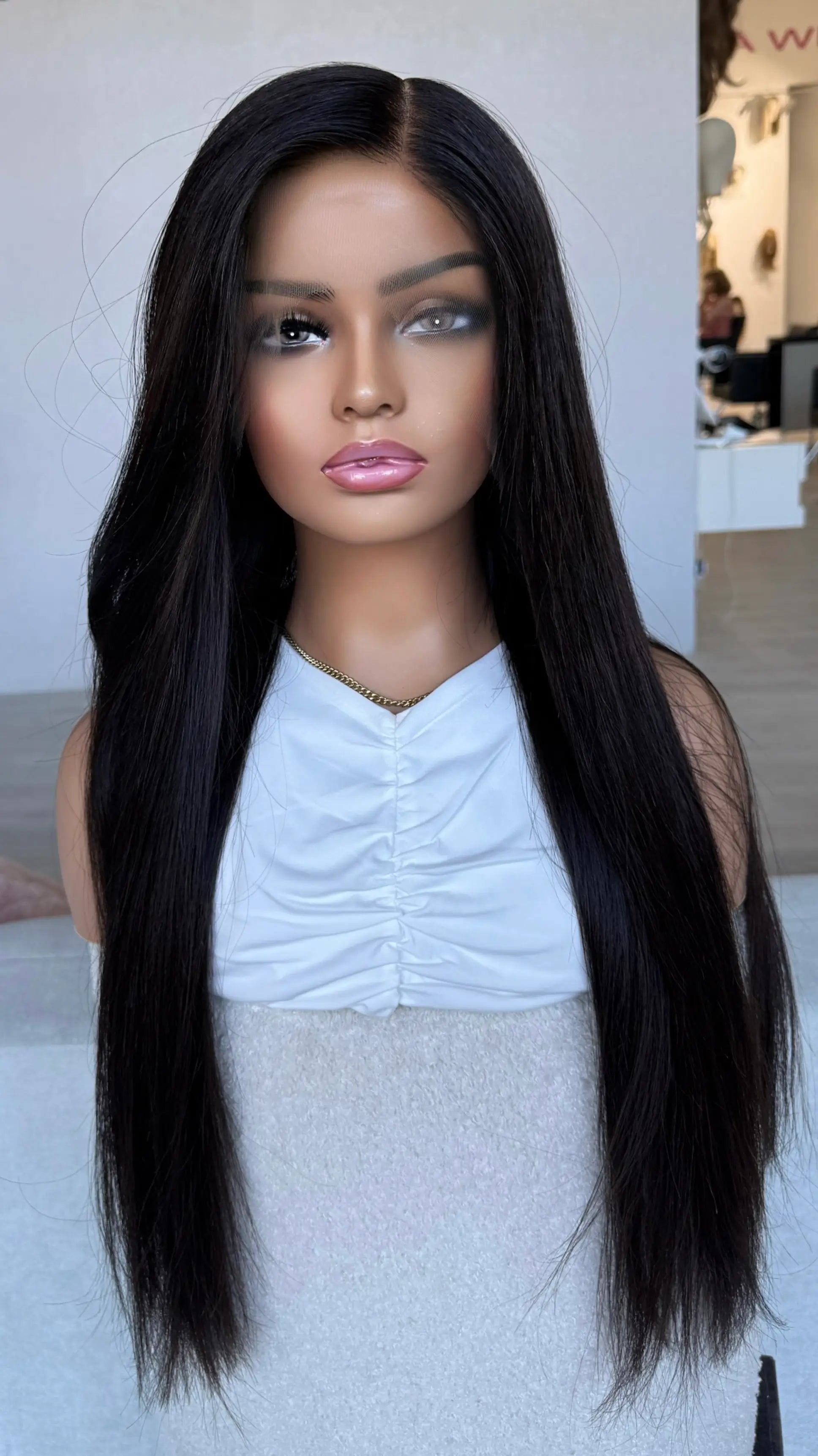 lacefront black hair wig with middle part. long straight hair. real human hair wig, australia.