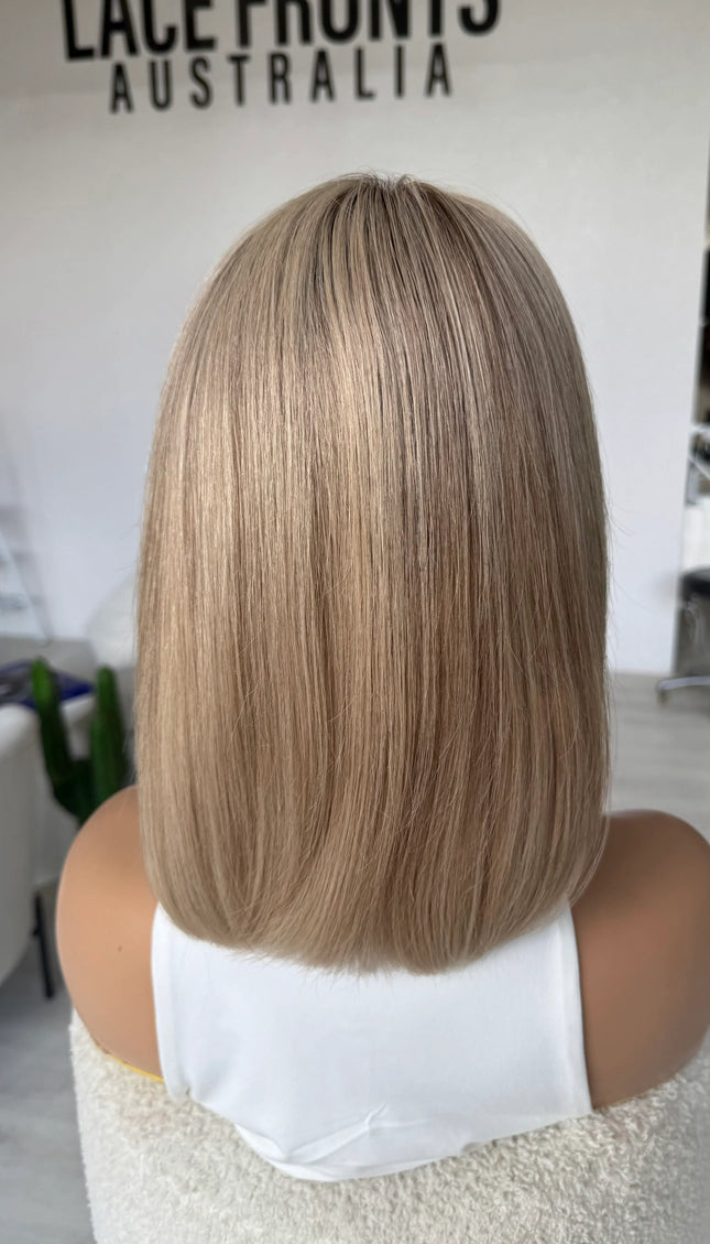 natural looking blonde bob length lace front wig in human hair for medical hairloss australia.