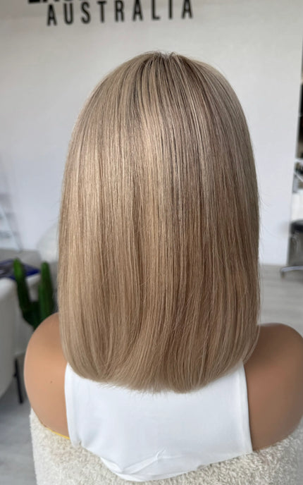 natural looking blonde bob length lace front wig in human hair for medical hairloss australia.