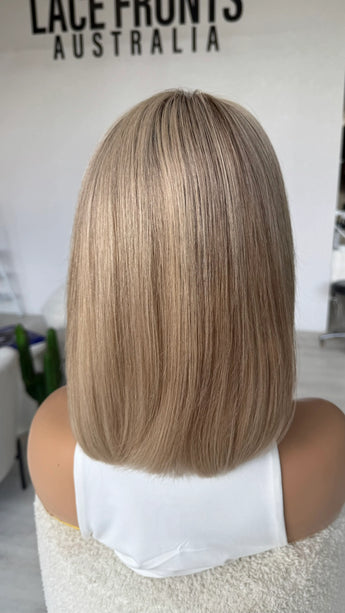 natural looking blonde bob length lace front wig in human hair for medical hairloss australia.
