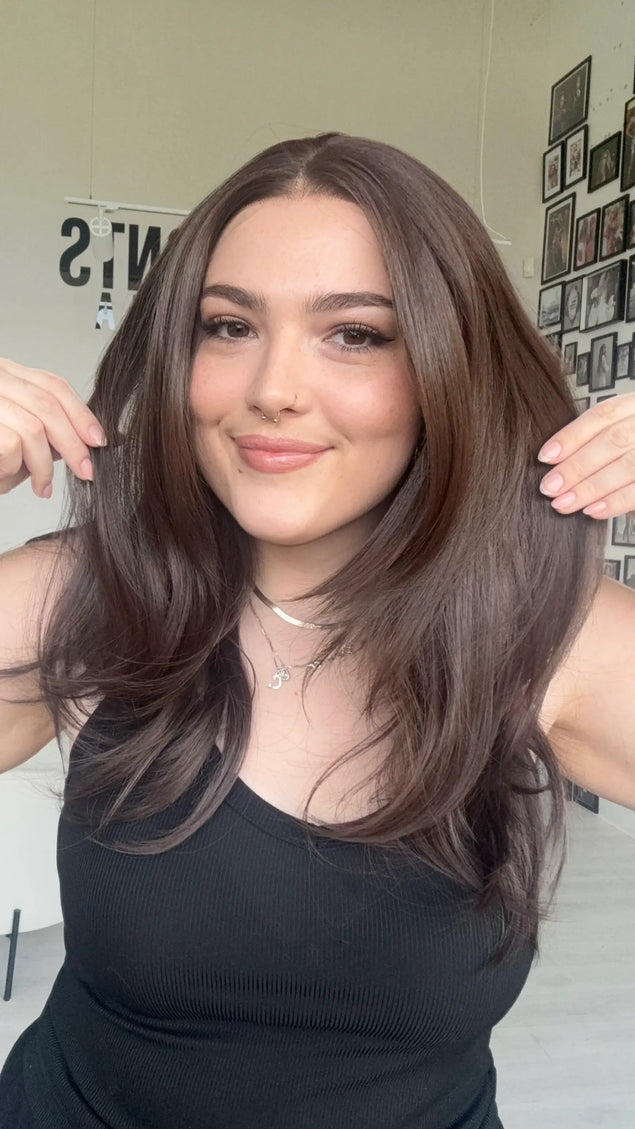 light weight, chocolate brown, layered, free part wigs Gold Coast Australia, model showing off layers.