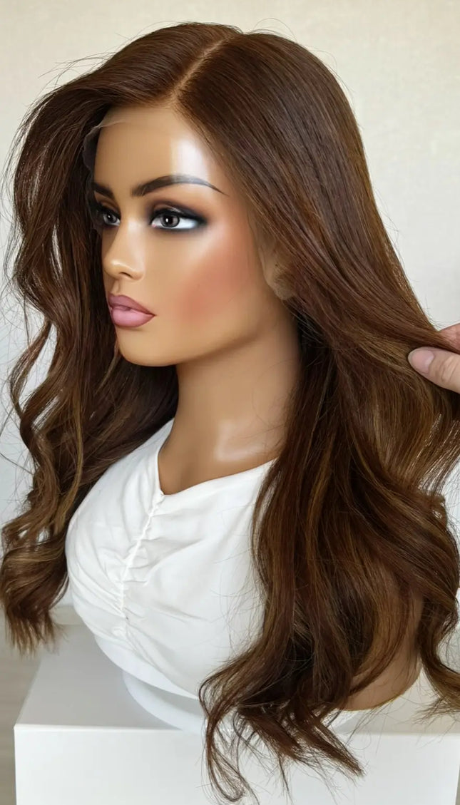 wavy long copper human hair wig with glueless cap for alopecia, hairloss, daily wear.