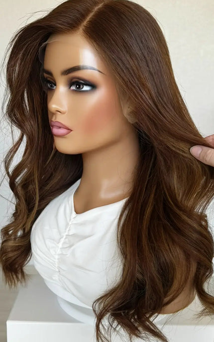 wavy long copper human hair wig with glueless cap for alopecia, hairloss, daily wear.