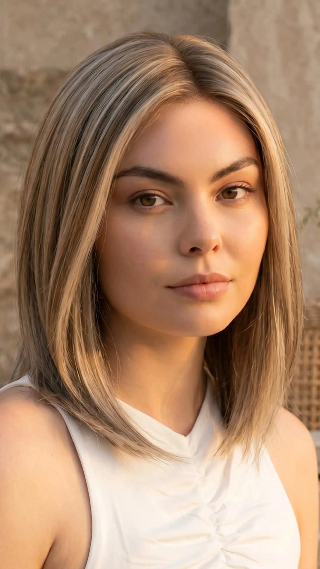glueless blonde human hair wig, lace wig. long bob length.