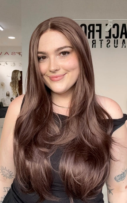 heat safe glueless wig, red chocolate brown with layers, gold coast australia.