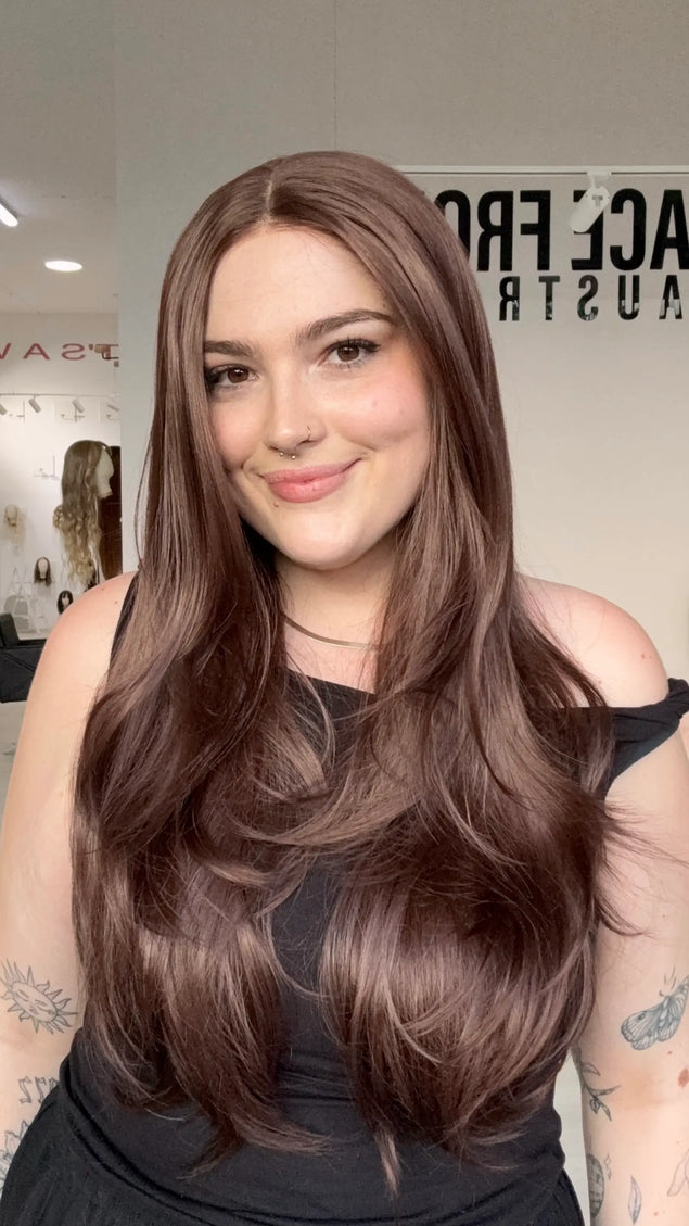 heat safe glueless wig, red chocolate brown with layers, gold coast australia.
