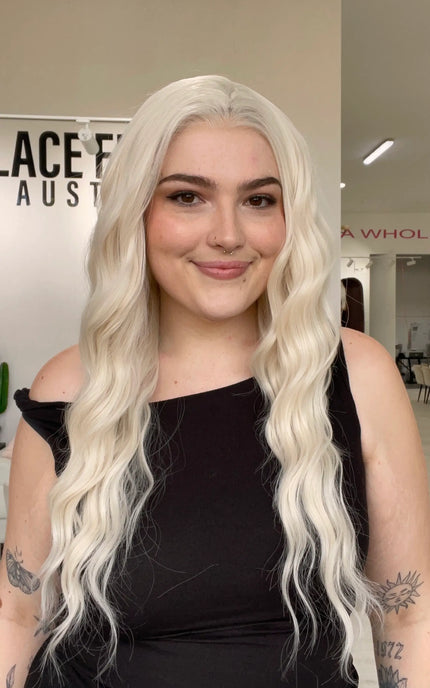 white blonde wavy hair lace front wig, glueless wig australia. lace front white blonde hair.