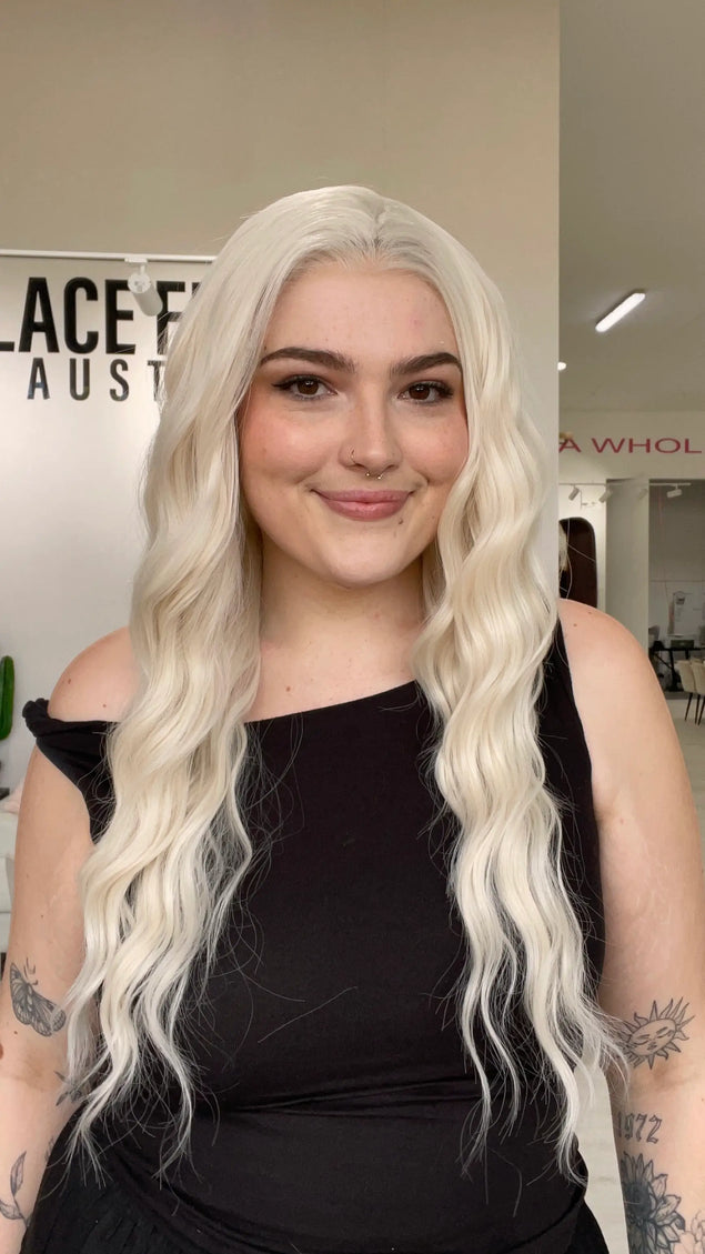 white blonde wavy hair lace front wig, glueless wig australia. lace front white blonde hair.