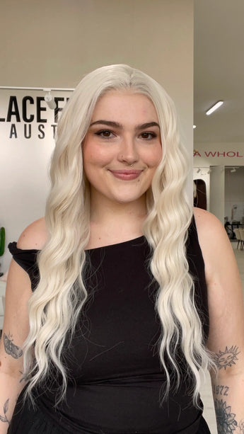 white blonde wavy hair lace front wig, glueless wig australia. lace front white blonde hair.