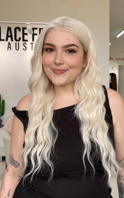 white blonde wavy hair synthetic wig, heat safe hair, glueless cap lace front australia wigs.