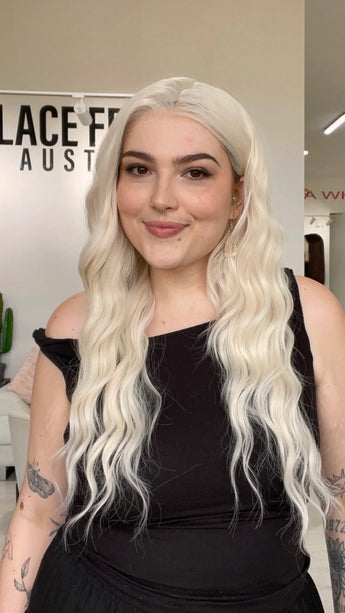 white blonde wavy hair synthetic wig, heat safe hair, glueless cap lace front australia wigs.