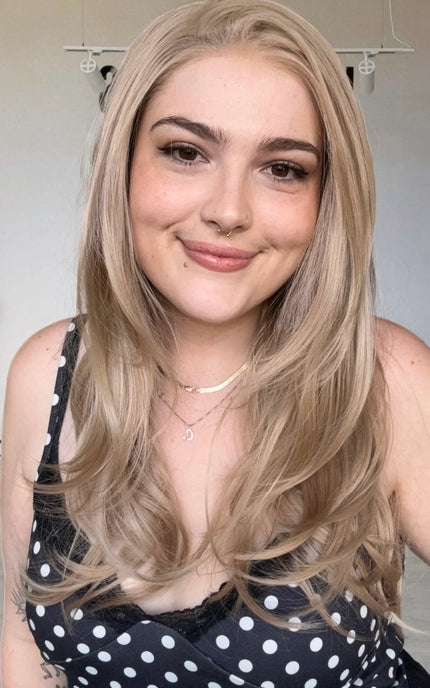 changeable parting lace front long blonde synthetic wig, with heat safe hair.