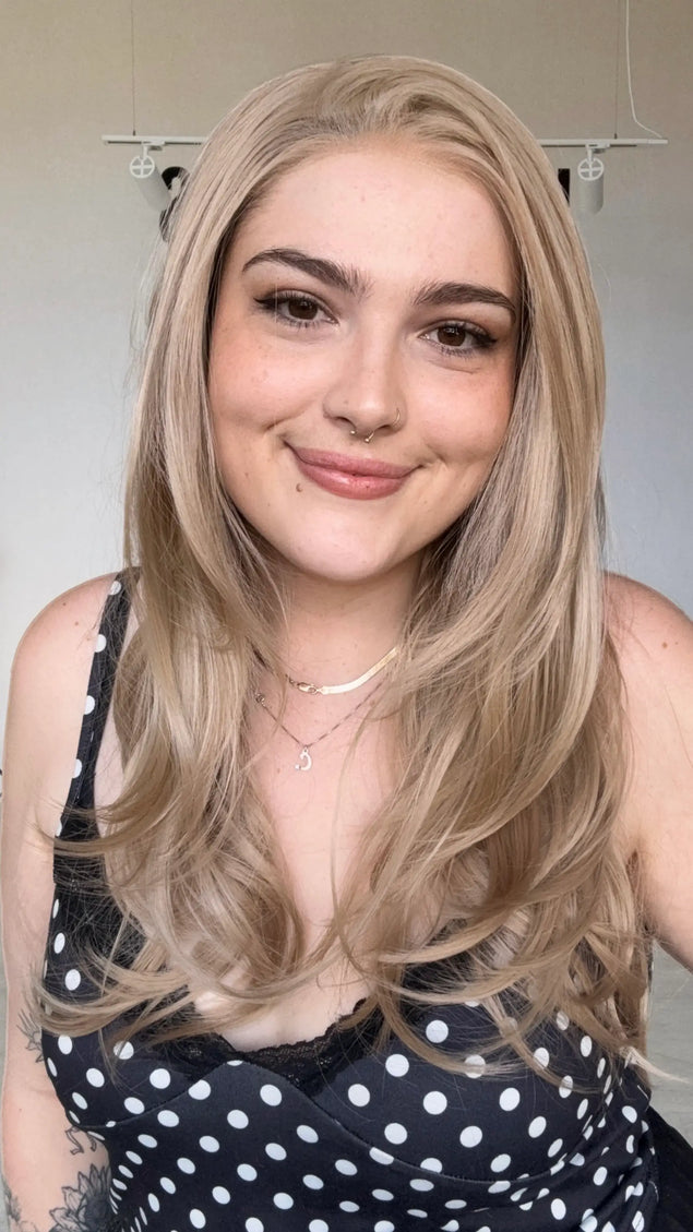 changeable parting lace front long blonde synthetic wig, with heat safe hair.